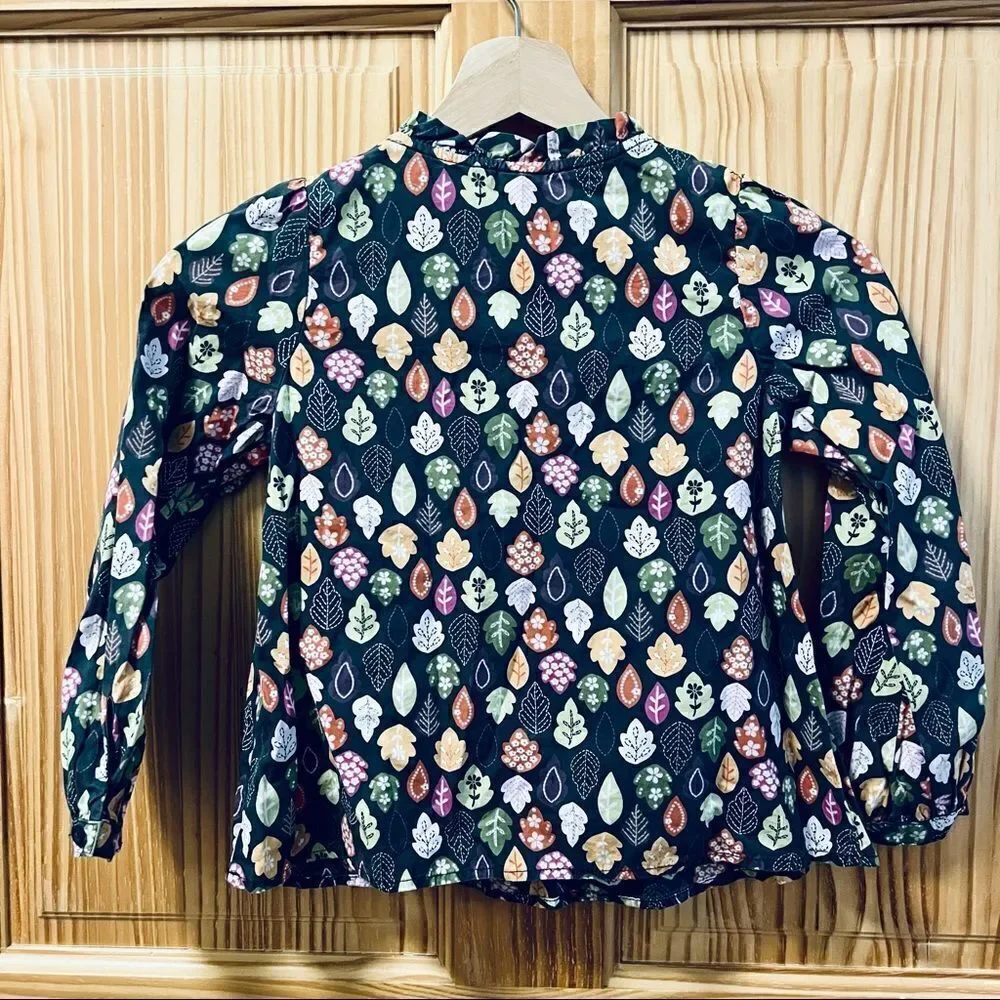 Gymboree dark grey multi colored fall leaf print ruffle front long sleeve top 6